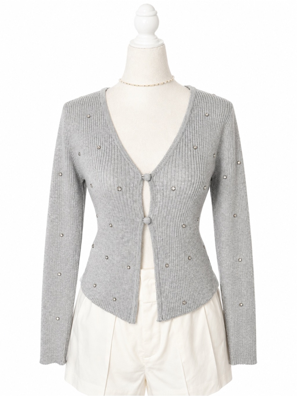 Madden Girl Ribbed Cardigan Small Grey Rhinestone Y2K Button Front NWT